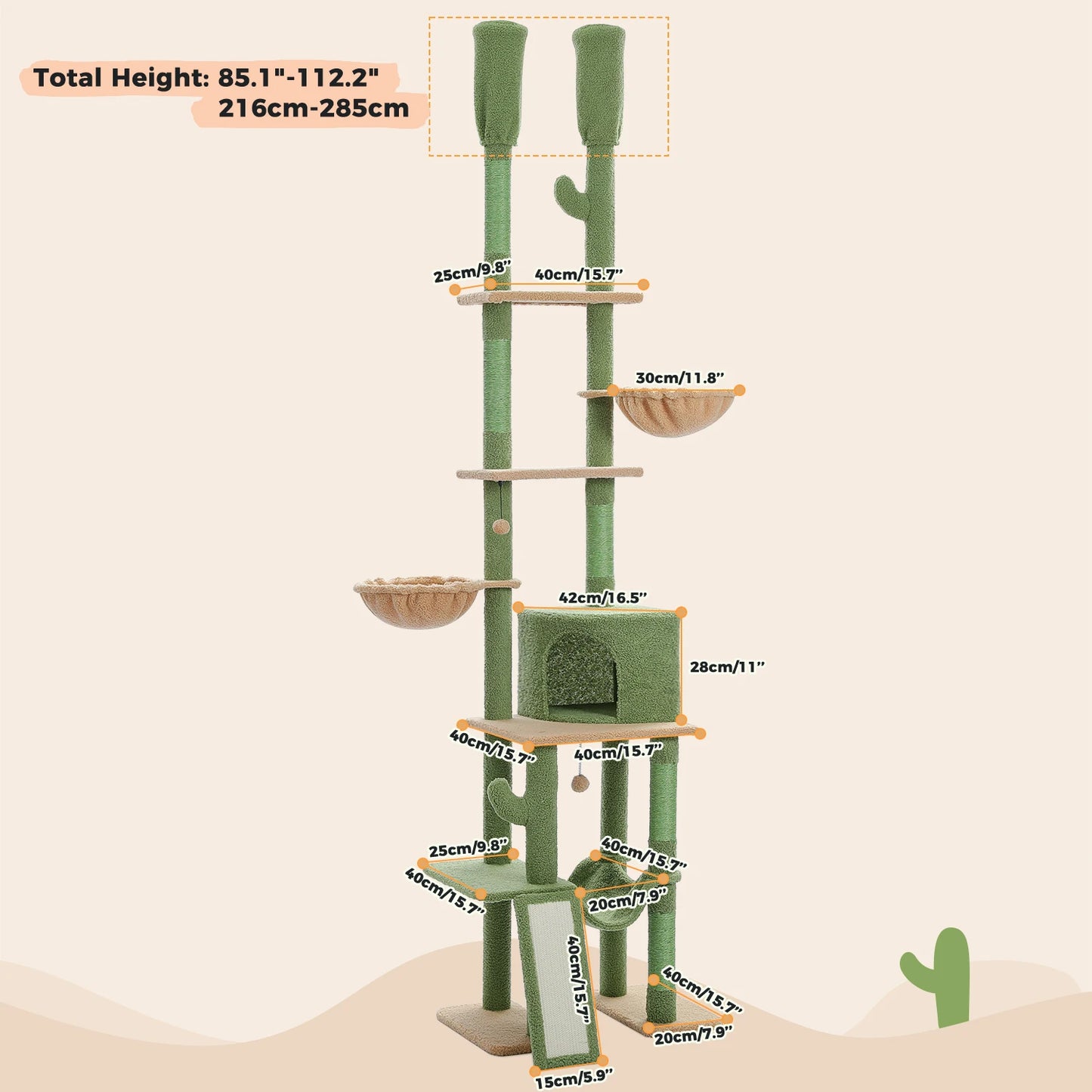 Floor to Ceiling Cat Tree for Indoor, Adjustable Height Tall Cat Tower with Sisal Scratching Post, Cozy Condo Hammock, Cat Toys