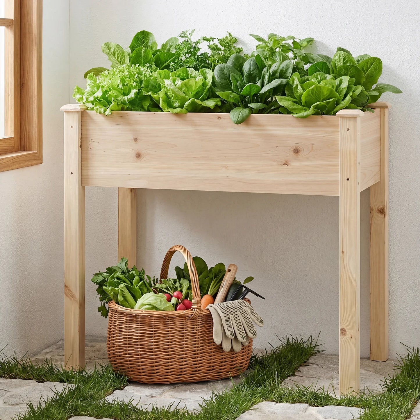 JHK 34x18x30 Inch Planter Box Outdoor Raised Garden Bed with Legs for Herbs Flowers Vegetables Elevated Wooden Garden Bed for Patio Balcony and Backyard