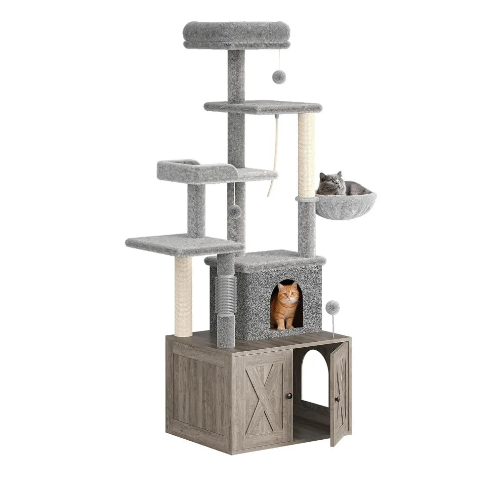 3-in-1 Modern Cat Tree with Hidden Litter Box Enclosure, Cat Condo Furniture with Scratching Post, Hammock & Platforms, Odor Control Tower for Small Spaces, Rustic Brown
