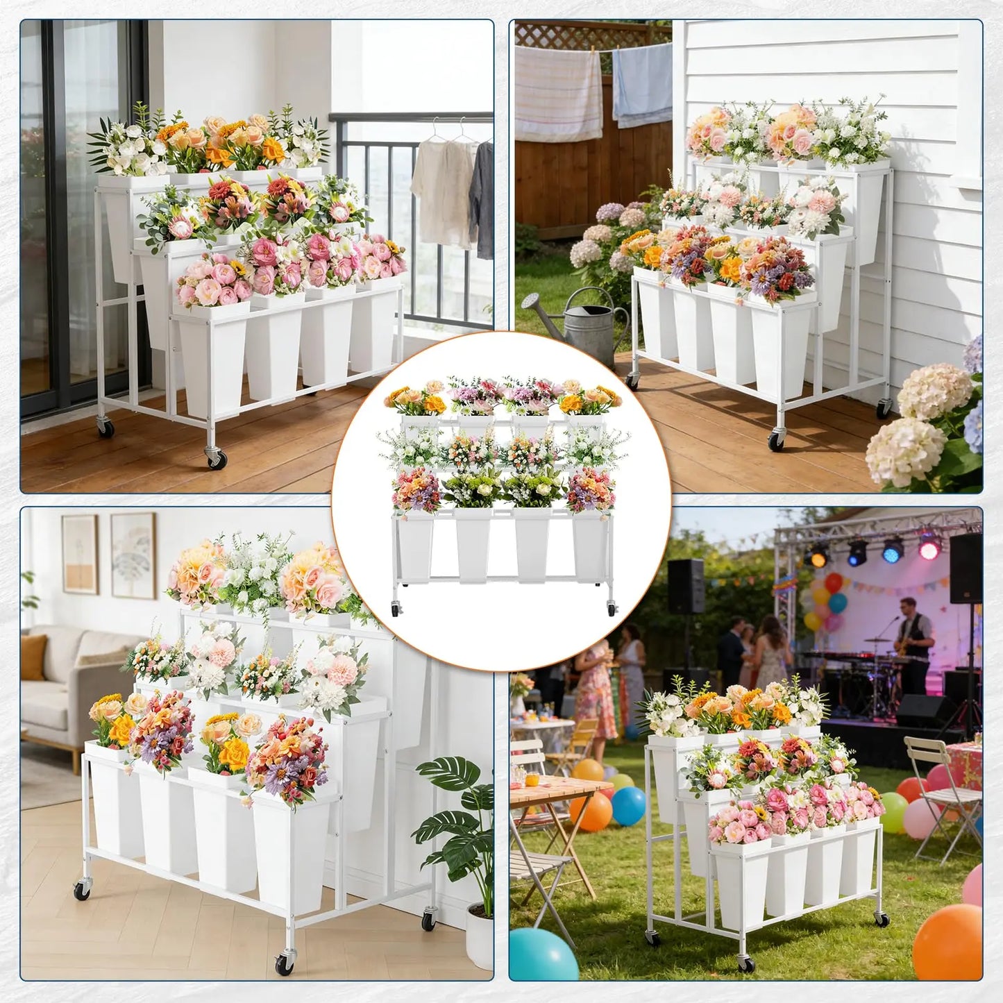3 Tier Rolling Flower Display Stand With 12 Removable Buckets, Metal Plant Cart With Locking Wheels For Garden Wedding Flower Shop