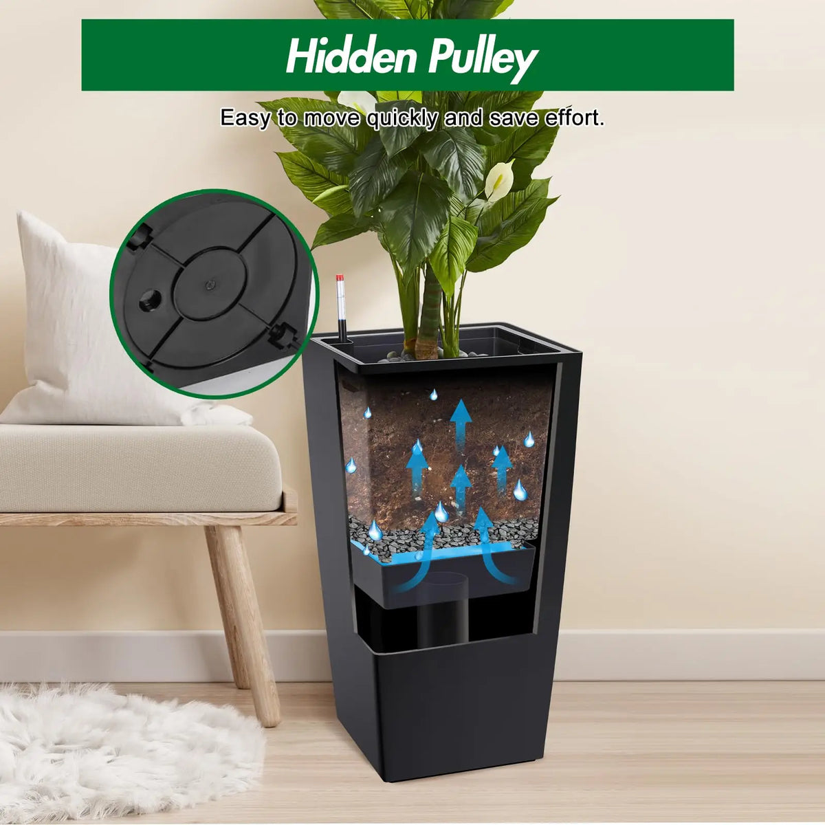 Set Of 2 30in Tall Planters For Indoor Outdoor, Self Watering Large Flower Pots With Drainage, Water Level Monitor, Insert & Wheels