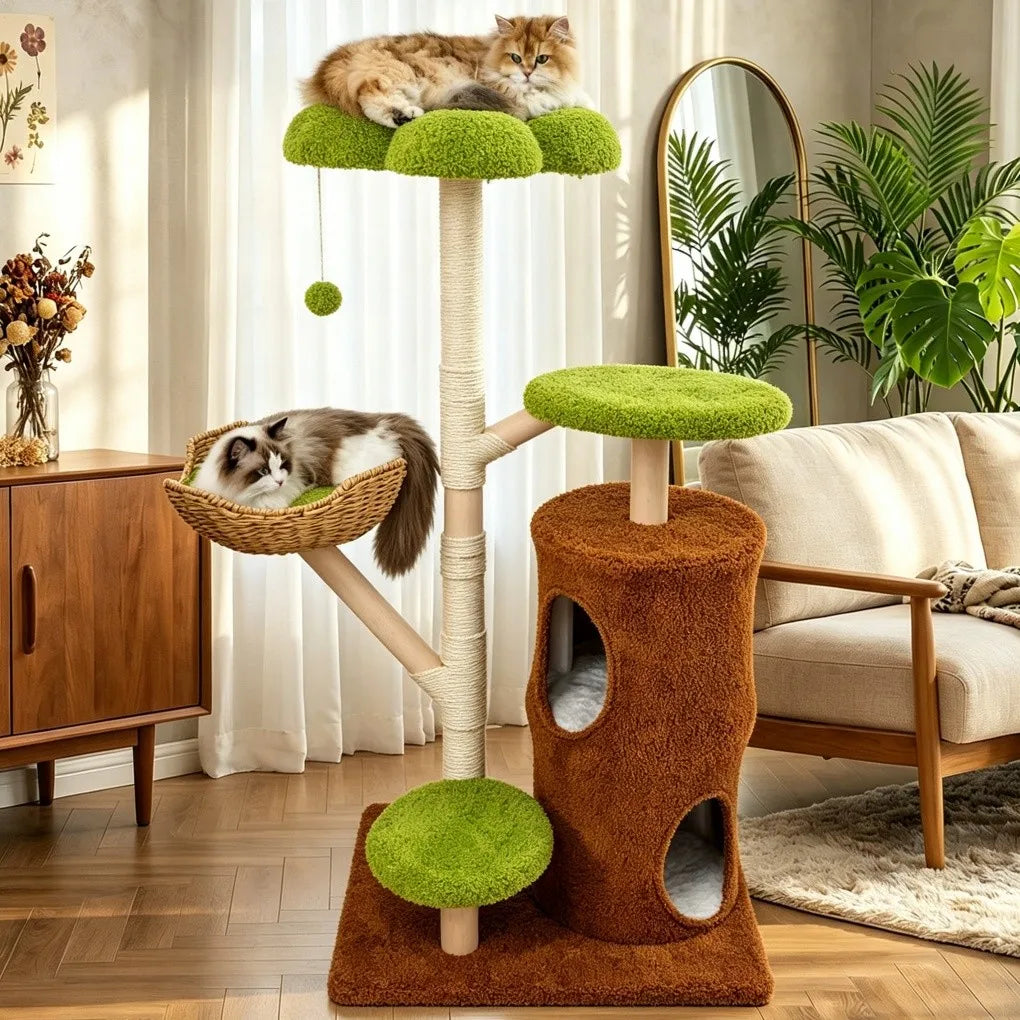 Large Cat Tree Tower Pet Cat Activity Center Scratching Post Cat Condo House Solid Wooden Cat Furniture