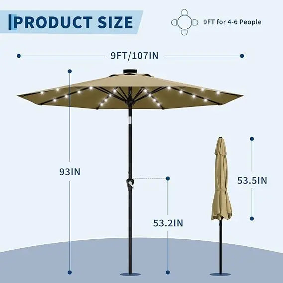 9FT Solar Patio Umbrella with 32 LED Lights – Outdoor Waterproof Market Umbrella, Crank Lift & Push Button Tilt, UV Protection Sun Shade for Patio, Garden, Deck, Pool