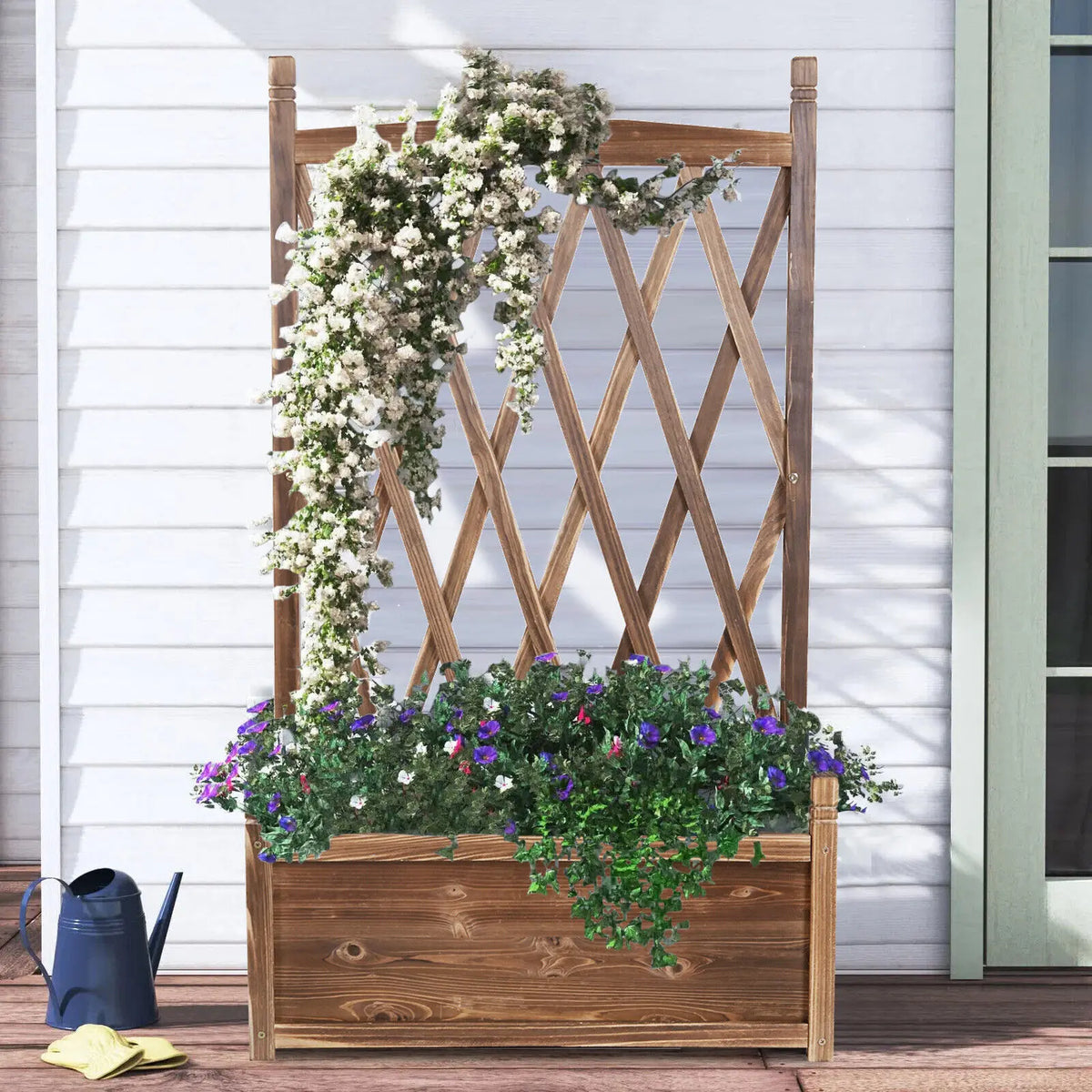 Elevated Wooden Garden Planter Box With Trellis For Outdoor Herbs