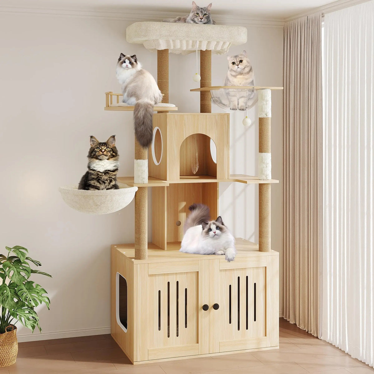 Cat Tree With Litter Box Enclosure Multi Level Cat Tower Hidden Litter Box Furniture Large Plush Top Perch Sisal Scratching Posts Cat Condo And Hammock For Indoor Cats Living Room