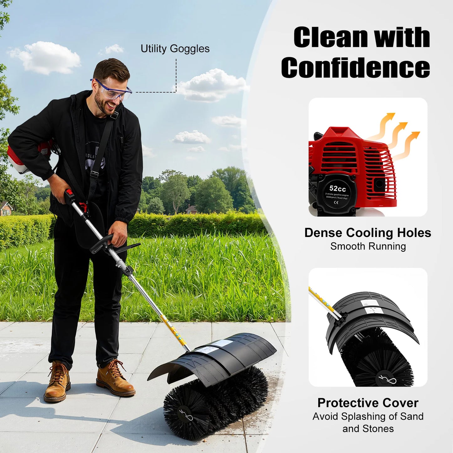 52cc 2.3HP Gas Powered Broom Sweeper Machine 2-Stroke Walk-Behind Yard Cleaner with 20.5" Nylon Brush for Golf Course Driveway