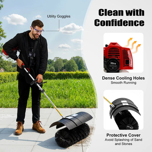 52cc 2.3HP Gas Powered Broom Sweeper Machine 2-Stroke Walk-Behind Yard Cleaner with 20.5" Nylon Brush for Golf Course Driveway