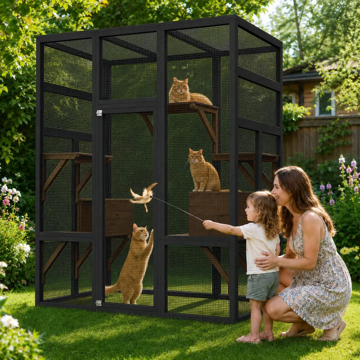 HiMISS Outdoor Wooden Catio Cat House With UV Protected Roof