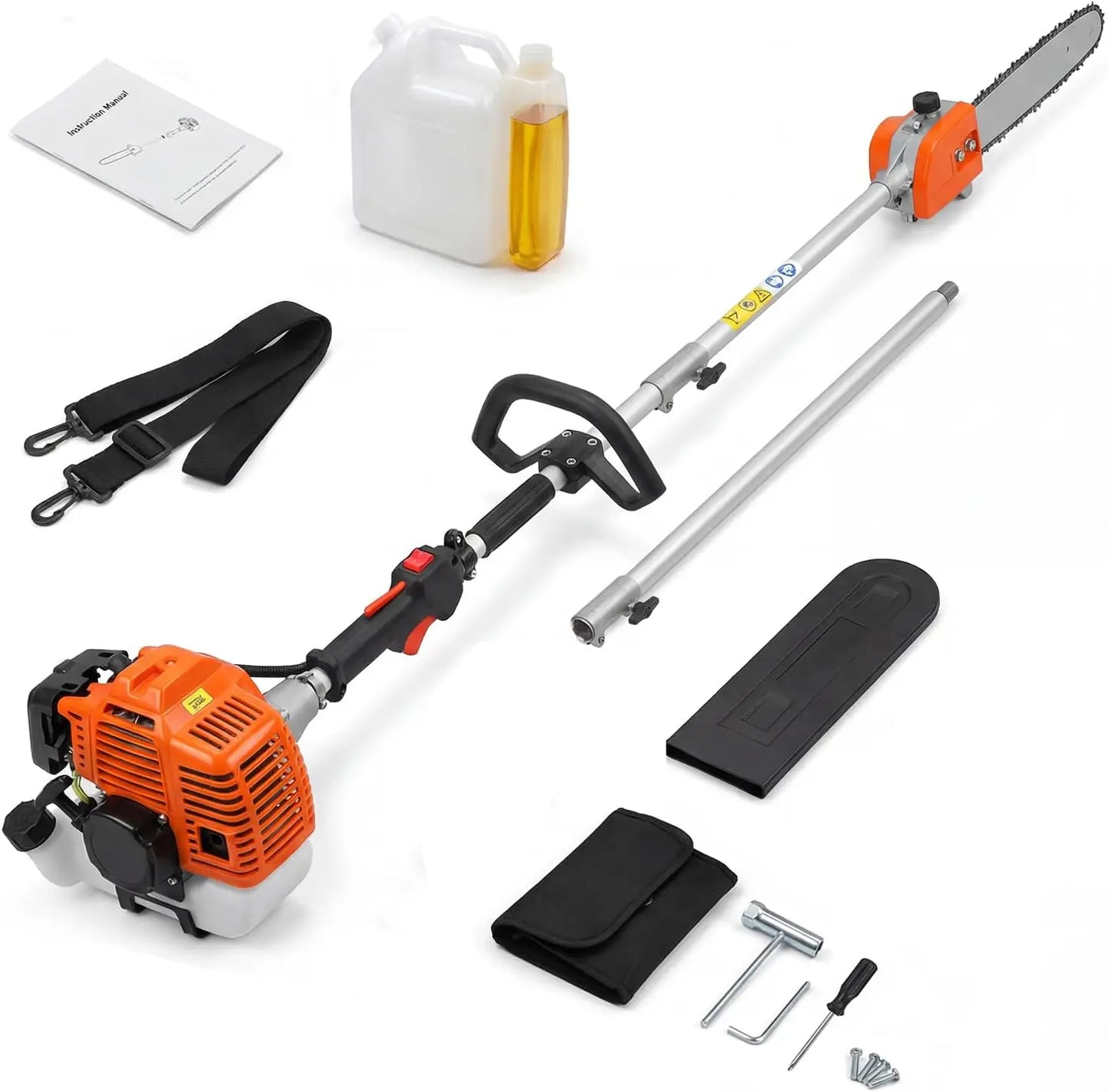 52/43 CC Gas Powered Pole Saw 2-Stroke Chainsaw 12" Bar 2.0HP 3000RPM Tree Trimmer Pruner 16ft Reach 1200ml Tank Shoulder Strap Ergonomic Handle for Garden Orchard Branch Cutting Logging Heavy Duty High Reach Landscaping Hedg