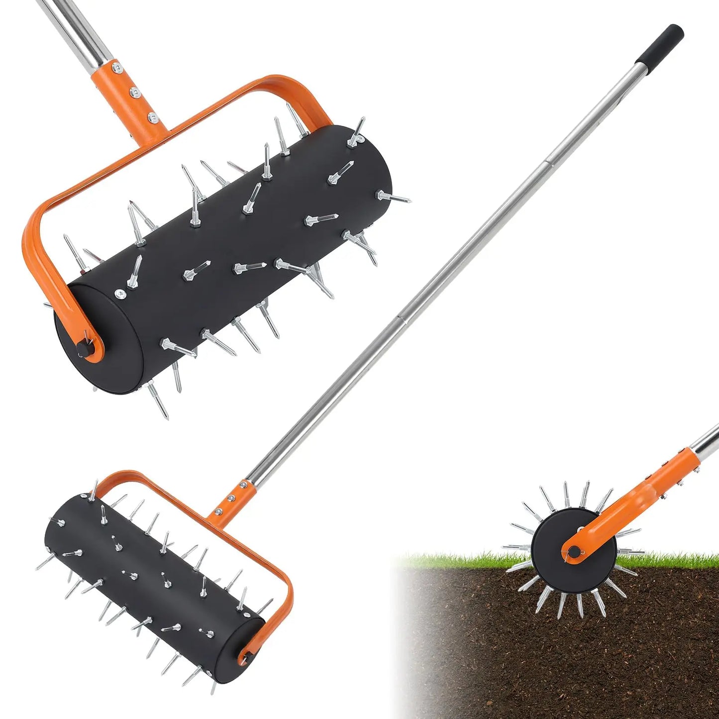 15/18-Inch Rolling Lawn Aerator, Heavy Duty Manual Spike Aerator Roller With 42/52 Spikes, 61/67'' Handle, Soil Penetrator