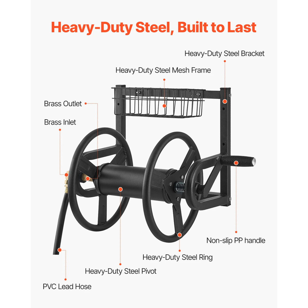 SucceBuy Wall Mounted Garden Hose Reel Holds 125ft 5/8-in Heavy-Duty Water Winder Outdoor Manual Reel w/Brass Fitting and Basket