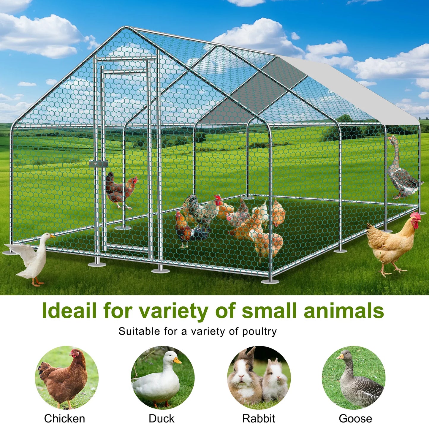 Teousev 10/13/20ft Large Metal Chicken Coop Walk-In Run with Peaked Roof, Outdoor Poultry Cage Hen House for Farm Backyard