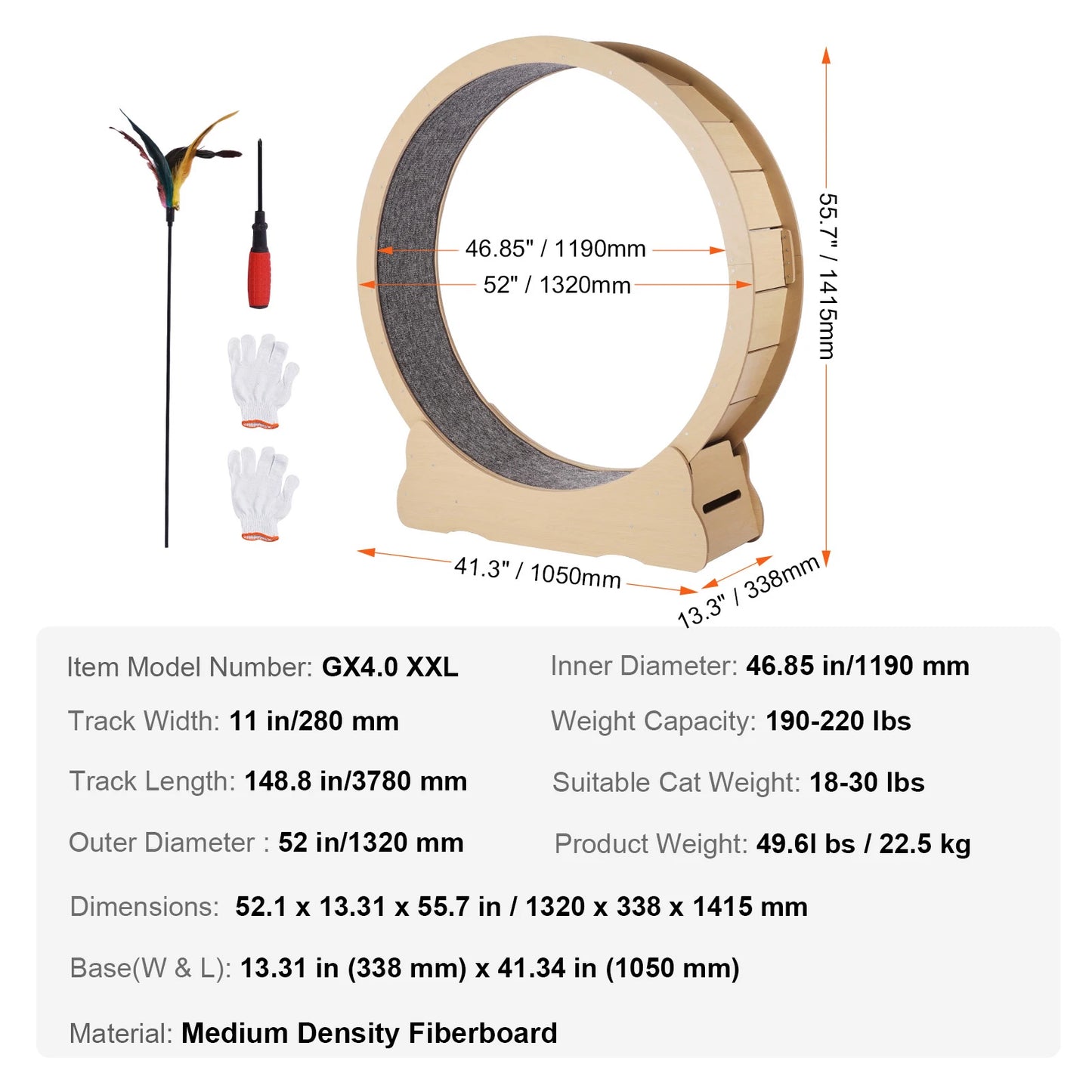 SucceBuy Wooden Cat Exercise Wheel Large Cat Treadmill Wheel for Indoor Cats Cat Running Wheel with Detachable Carpet&Cat Teaser