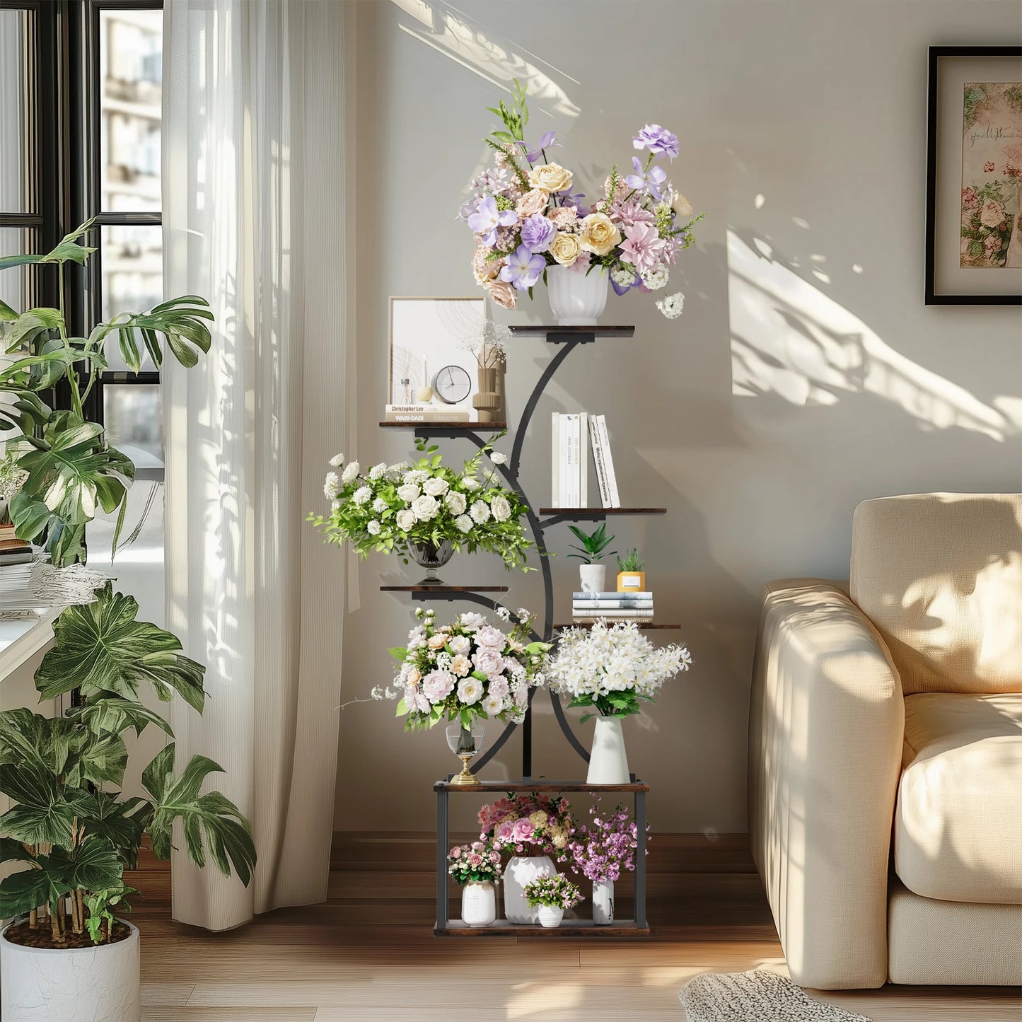 Industrial Tree-Shaped Plant Stand Display Rack Multiple Organizer Shelves Corner Flower Holder for Home Garden Decor