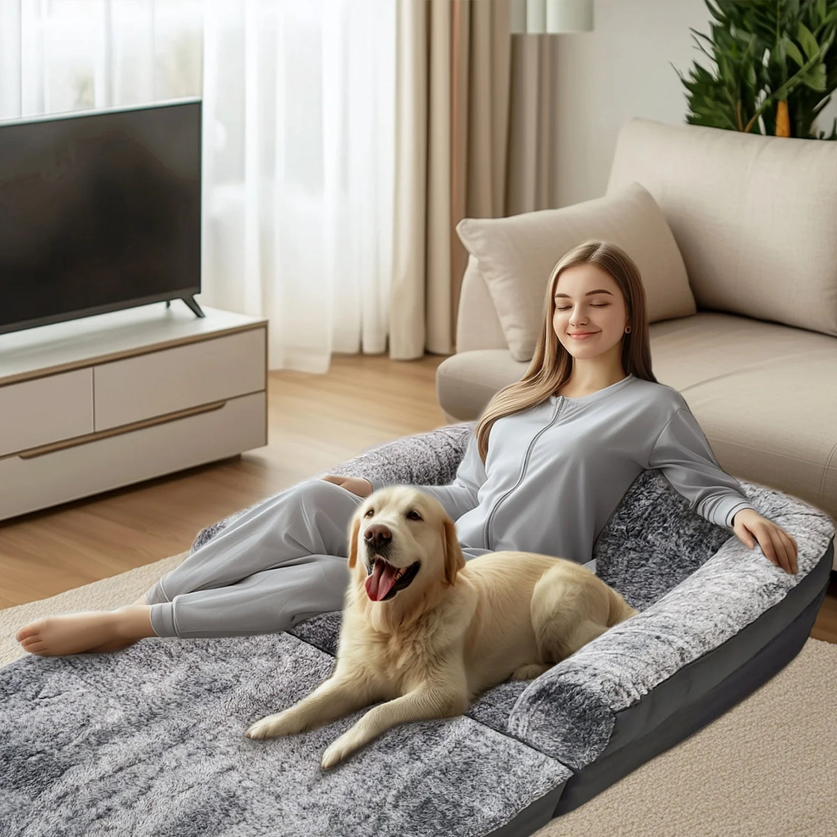 Bingopaw Orthopedic Foldable Pet And Human Plush Bed With Bolster