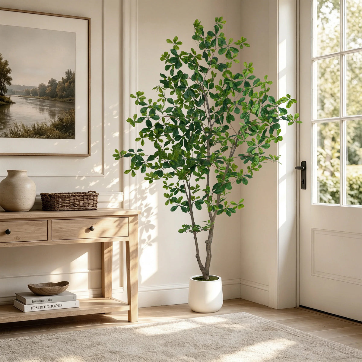 5/6/7ft Faux Black Olive Tree Faux Plants Indoor Large Tall Tree in White Round Pot Aritificial Eucalyptus Tree with Natural Wood Trunk & Realistic Leaves, Fake Olive Plant for Home Office Indoor Decor