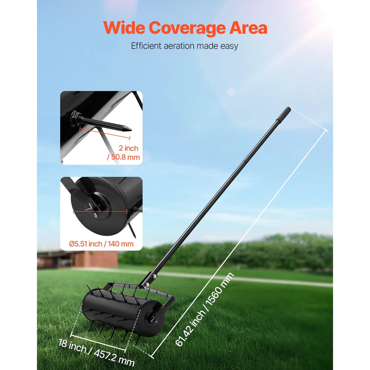 SucceBuy Rolling Lawn Aerator 18in HeavyDuty Manual Lawn w/Detachable Handle 27Iron Spikes Rolling Lawn Aeration Tool for Garden