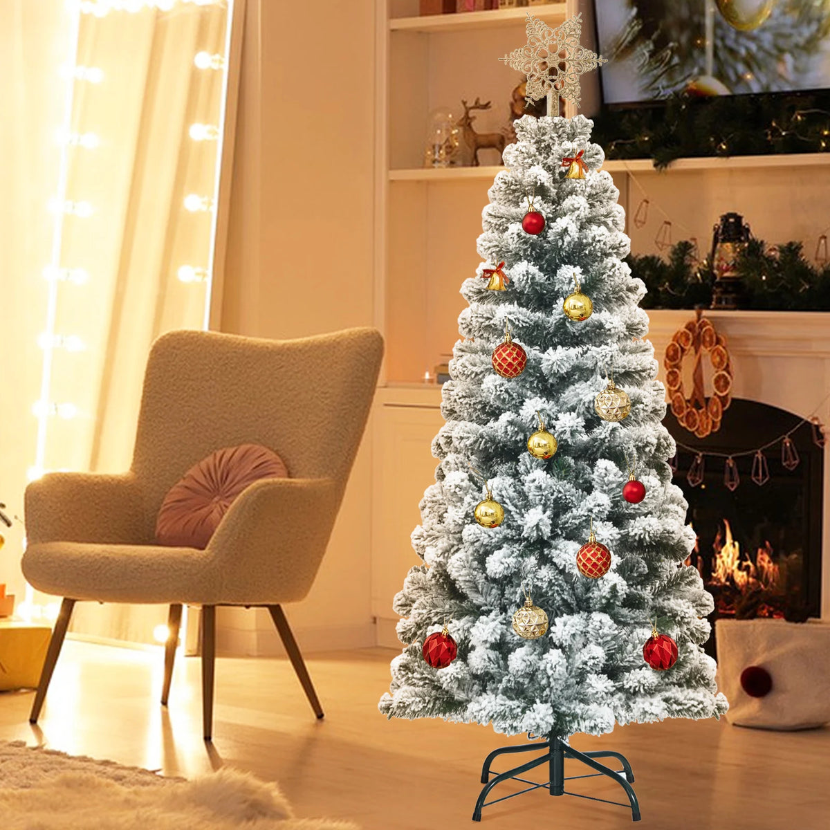 4. 5/ 6/ 7. 5 FT Snow Flocked Christmas Tree, Slim Hinged Pine Tree for Holiday Decoration, Home, Office, Party, Easy Assembly