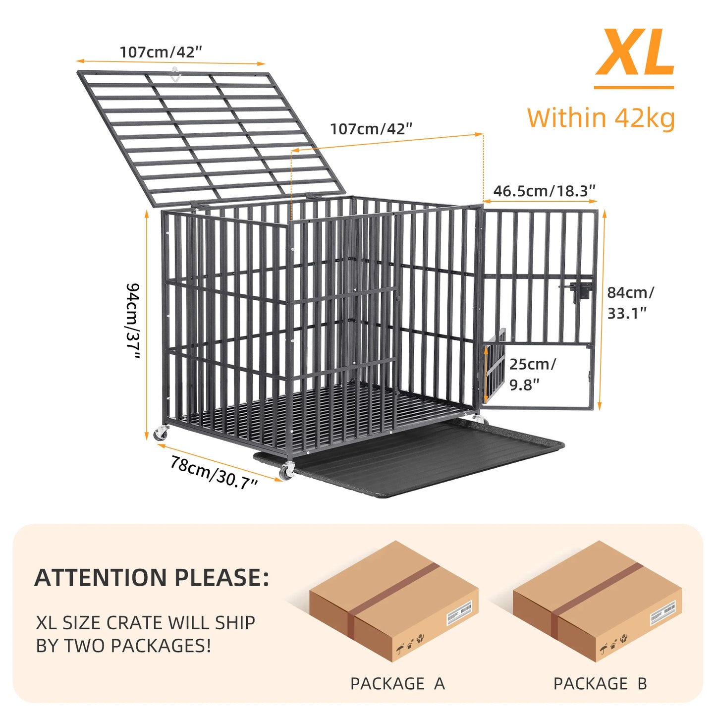 BINGOPAW Heavy Duty Dog Crate With Tray And Lockable Wheels