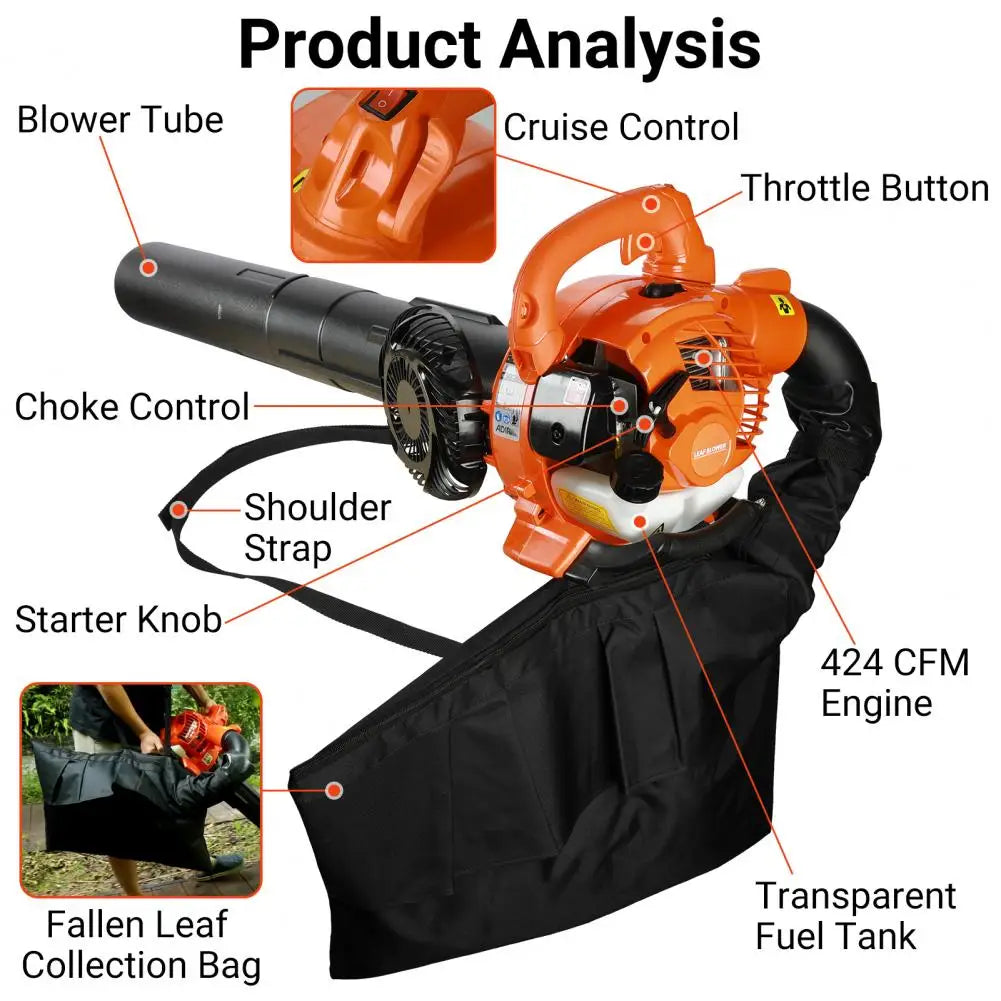 Gas Powered Leaf Blower 2-Stroke Handheld Leaf Blower Dual-Purpose Cleaner Air Blower Powerful Wind Snow Blower Gardening Tools