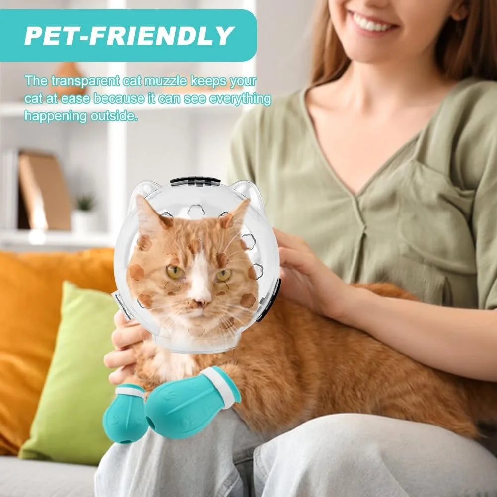 Cat Bubble Muzzle For Grooming, Bite Anti Licking Pet Grooming Helmet With 4 Silicone Anti-Scratch Paw Shoes