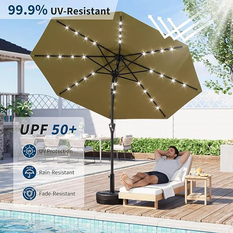 9FT Solar Patio Umbrella with 32 LED Lights – Outdoor Waterproof Market Umbrella, Crank Lift & Push Button Tilt, UV Protection Sun Shade for Patio, Garden, Deck, Pool