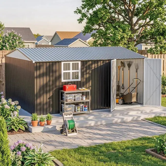 Metal Outdoor Utility Storage Shed With Lockable Garden Doors