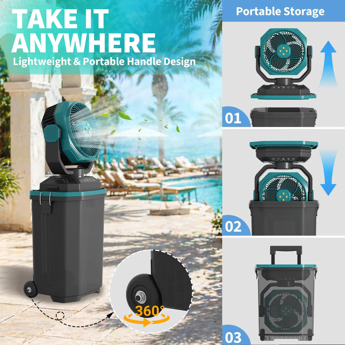 15L Portable Misting Bucket Fan 30000mAh Rechargeable Mister Fan With Remote Oscillating Wheels For Patio Beach Camping Golf