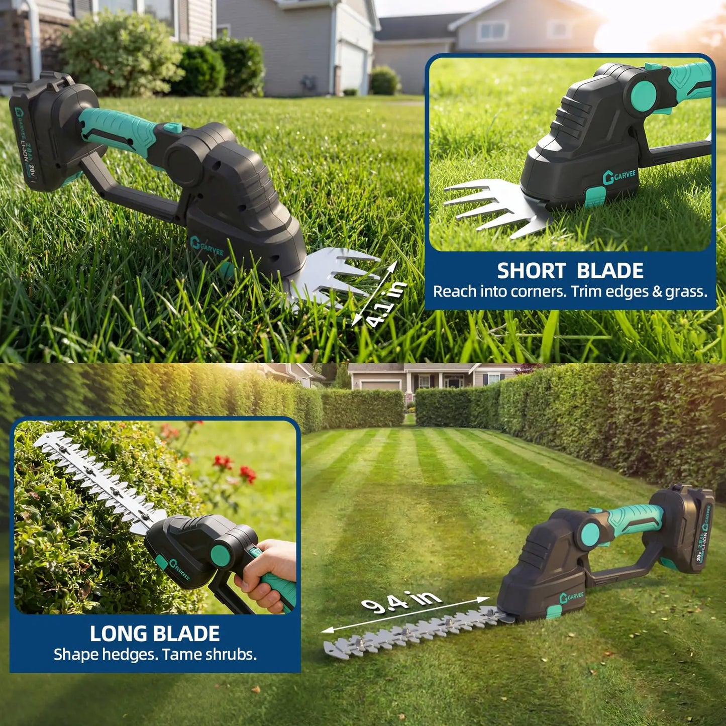 2-in-1 Cordless Grass Shear Hedge Trimmer, Electric Handheld Grass Cutter, 2x 2.0Ah Batteries, Adjustable Head, USB-C Charging