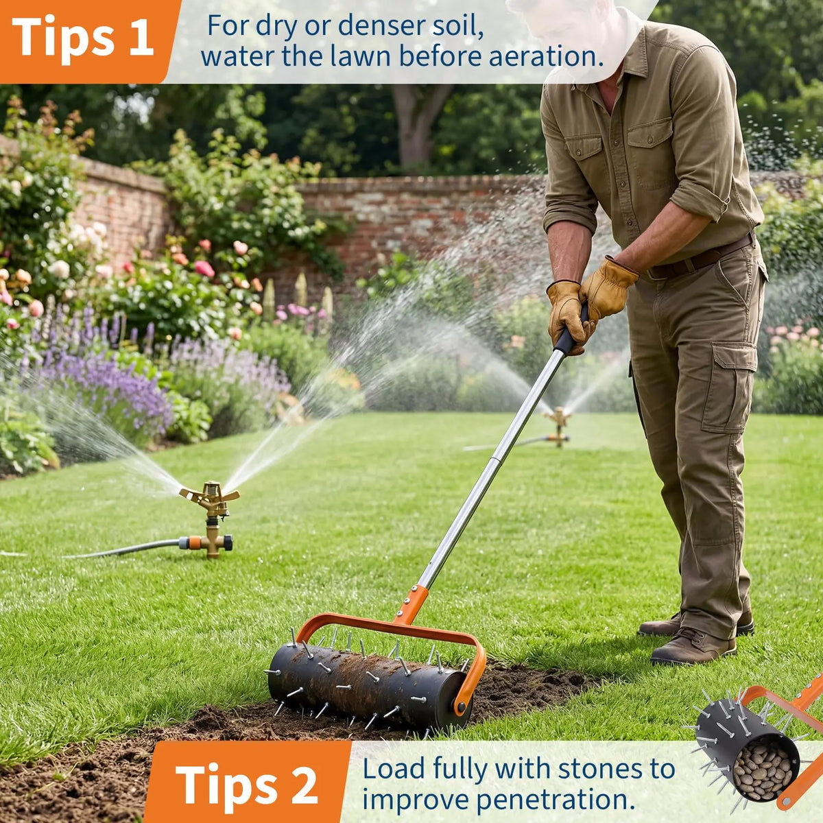 15/18-Inch Rolling Lawn Aerator, Heavy Duty Manual Spike Aerator Roller With 42/52 Spikes, 61/67'' Handle, Soil Penetrator