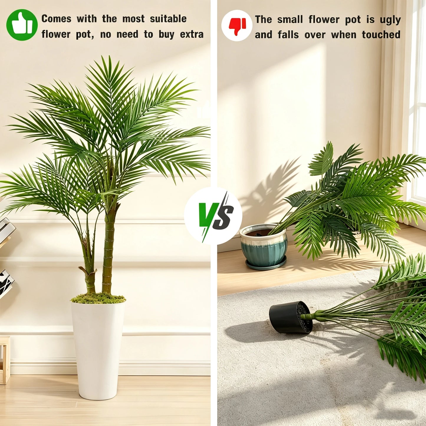 60inch Artificial Areca Palm Tree Fake Palm Tropical Plants with White Tall Planter, Faux Floor Silk Plant in Pot, Large Trees for Home Office Living Room Decor House Warming, Indoor Outdoor