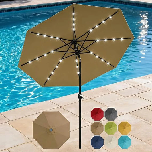 9FT Solar Patio Umbrella with 32 LED Lights – Outdoor Waterproof Market Umbrella, Crank Lift & Push Button Tilt, UV Protection Sun Shade for Patio, Garden, Deck, Pool