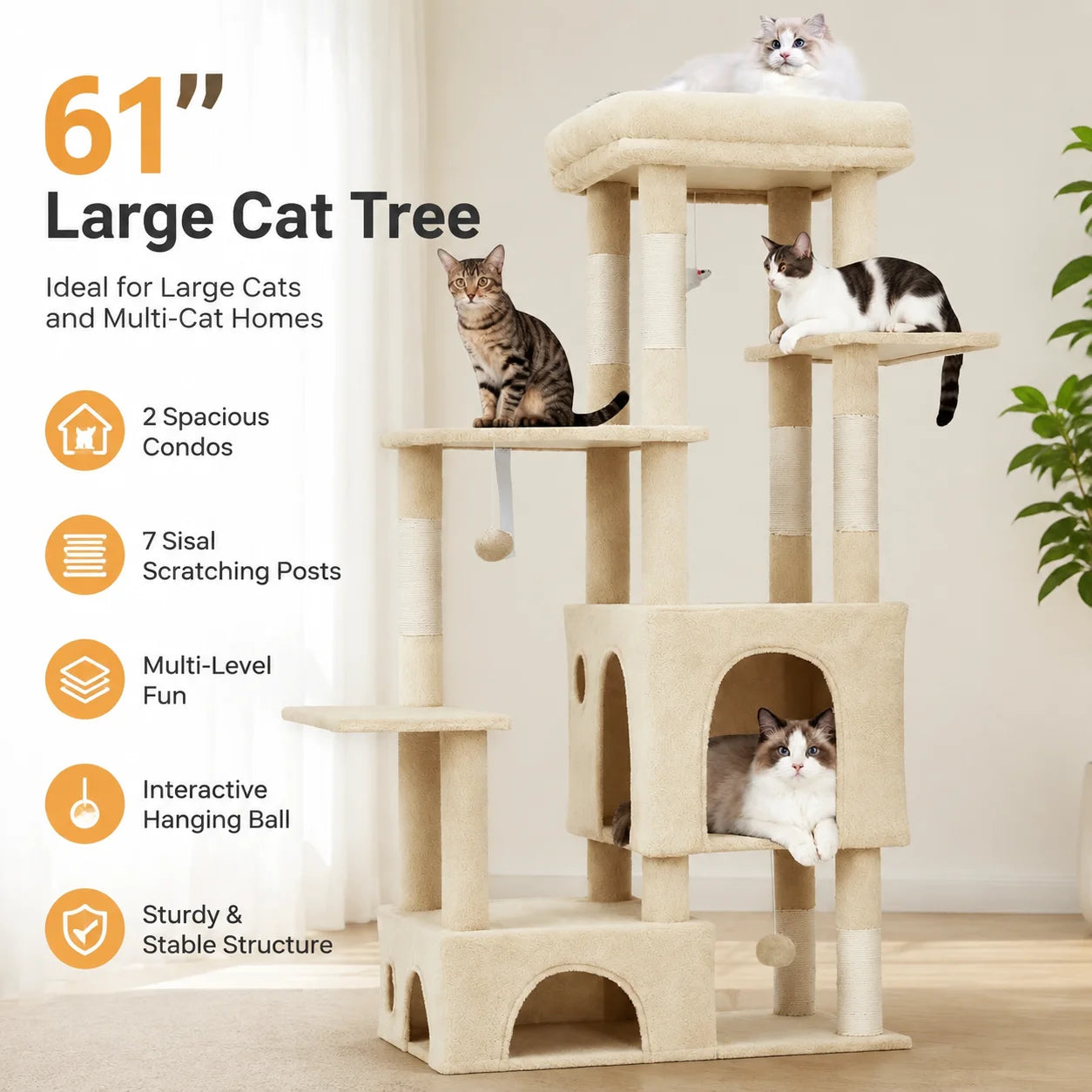 61 Inch Large Cat Tree Tower with 7 Scratching Posts 2 Cat Condos Top Perch Multi Level Cat Climbing Tree Furniture with Hanging Toys Anti Toppling Design for Indoor Cats Multi Cat Homes