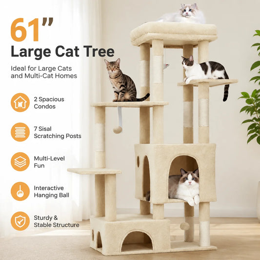 61 Inch Large Cat Tree Tower with 7 Scratching Posts 2 Cat Condos Top Perch Multi Level Cat Climbing Tree Furniture with Hanging Toys Anti Toppling Design for Indoor Cats Multi Cat Homes