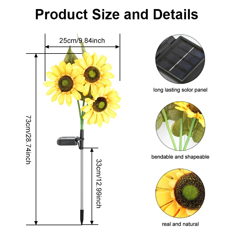 3 Head Solar Powered Sunflower Light Outdoor Waterproof LED Ground Insert Lawn Lamp For Garden Lawn Courtyard Decoration
