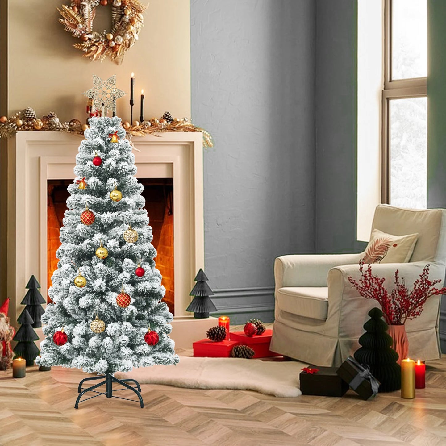 4. 5/ 6/ 7. 5 FT Snow Flocked Christmas Tree, Slim Hinged Pine Tree for Holiday Decoration, Home, Office, Party, Easy Assembly