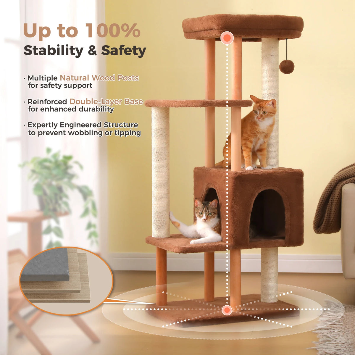 Modern Cat Tree for Indoor Cats, Multi-Level Cat Tree with Lage Cat Condo, Sisal Scratching Posts, Natural Wood Posts, Soft Bed