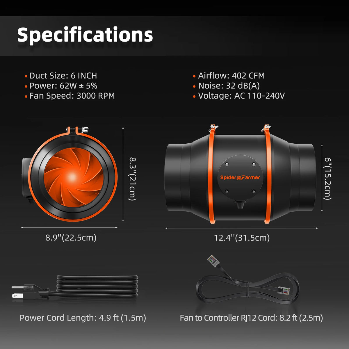 Spider Farmer 4"/6" Inline Fan Kit with Speed Controller and RJ12 Port, GGS Controller Compatible Grow Tent Ventilation