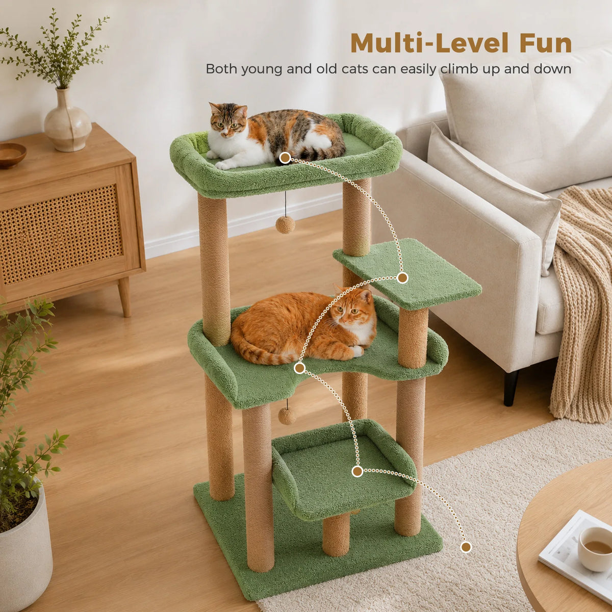 Multi-Level Cat Tree with Sisal Scratching Posts Spacious Top Perch Large Cat Bed Modern Cat Tower for Indoor Cats Large Adult Pet Furniture Cat Toys