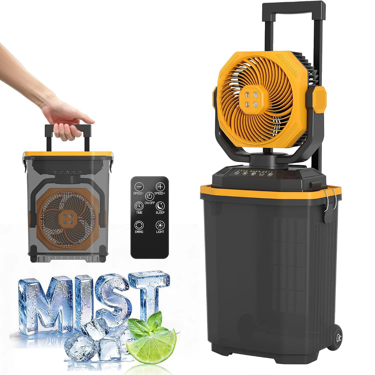 15L Portable Misting Bucket Fan 30000mAh Rechargeable Mister Fan With Remote Oscillating Wheels For Patio Beach Camping Golf