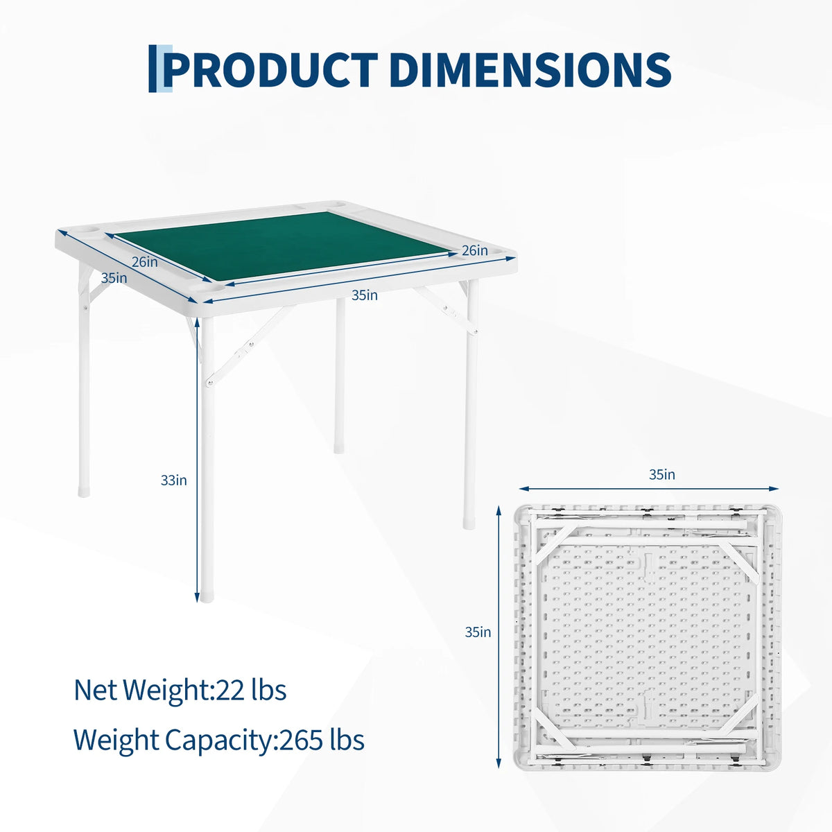 35" Folding Card Table, Portable 4-Player Domino & Mahjong Table with Cup Holders & Chip Trays, Heavy Duty Square Foldable Table for Poker, Camping and Picnic