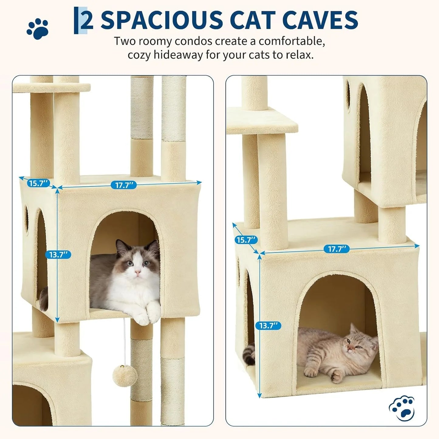 61 Inch Large Cat Tree Tower with 7 Scratching Posts 2 Cat Condos Top Perch Multi Level Cat Climbing Tree Furniture with Hanging Toys Anti Toppling Design for Indoor Cats Multi Cat Homes