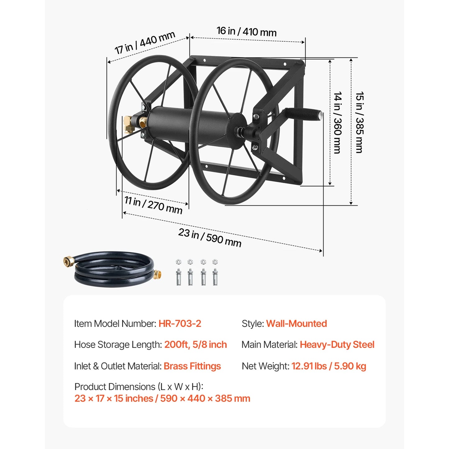 SucceBuy Wall Mounted Garden Hose Reel Holds 125ft 5/8-in Heavy-Duty Water Winder Outdoor Manual Reel w/Brass Fitting and Basket