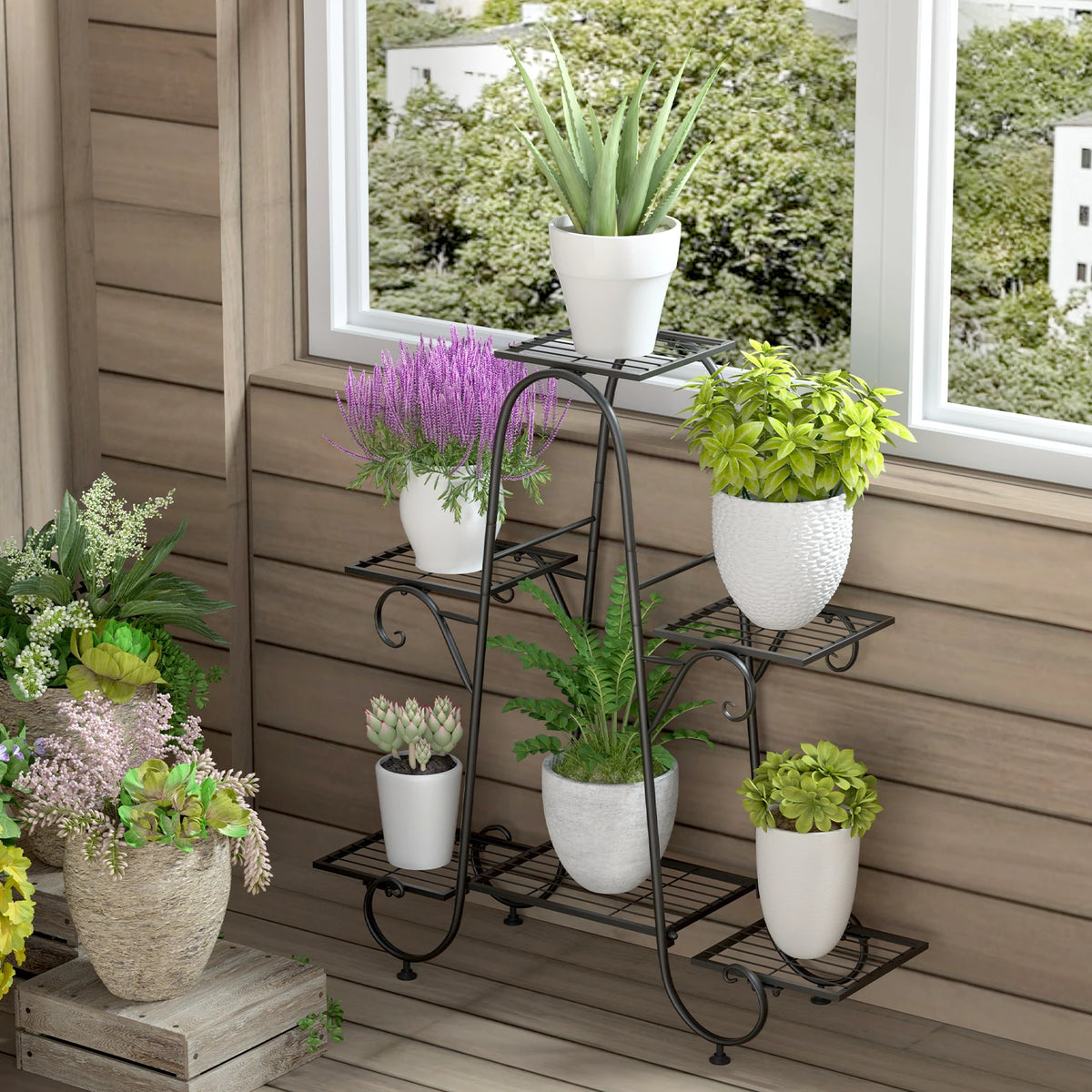 6 Tiers Metal Plant Stand Indoor Outdoor Flower Anti-rust Flower Pot Display Shelf Black
