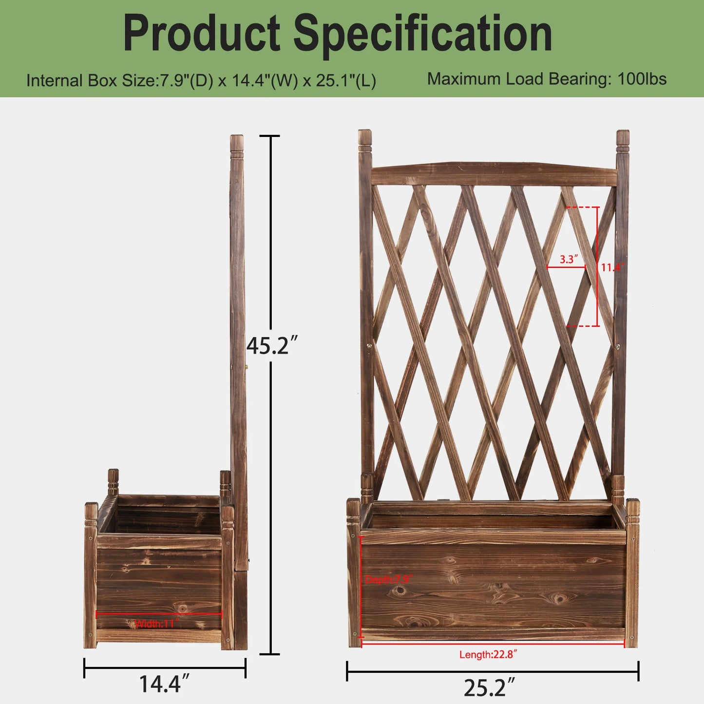 Elevated Wooden Garden Planter Box With Trellis For Outdoor Herbs