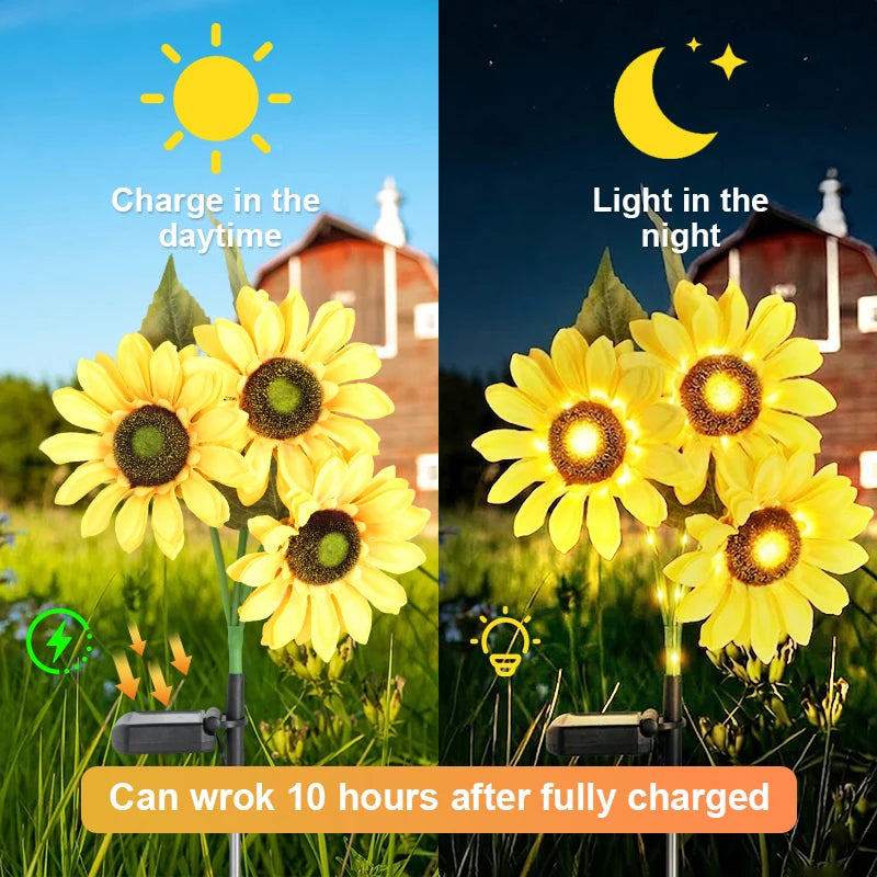 3 Head Solar Powered Sunflower Light Outdoor Waterproof LED Ground Insert Lawn Lamp For Garden Lawn Courtyard Decoration