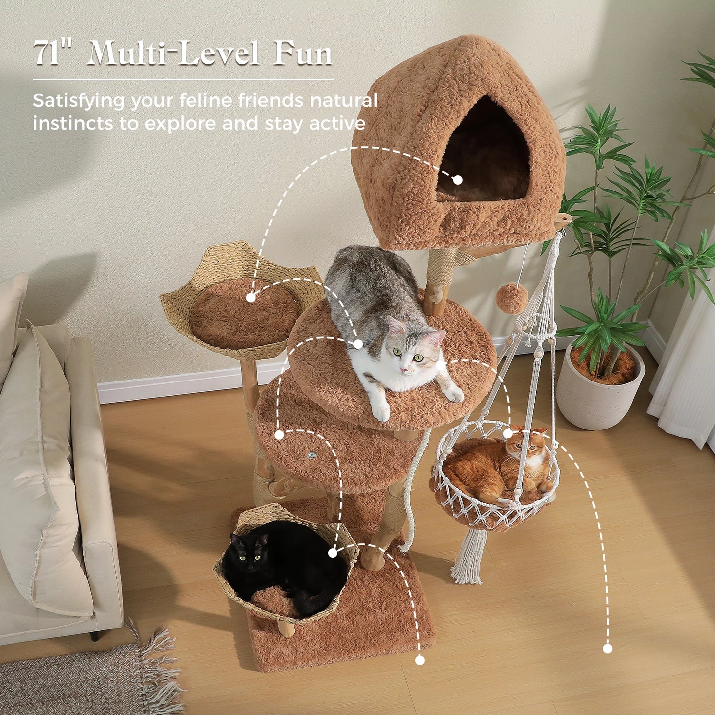 Modern Cat Tree with Solid Wood Scratching Posts Swing Hammock Large Cat Condo Wood Tall Cat Tower for Indoor with 2 Woven Basket Boho Luxury Pet Furniture Cat Toys