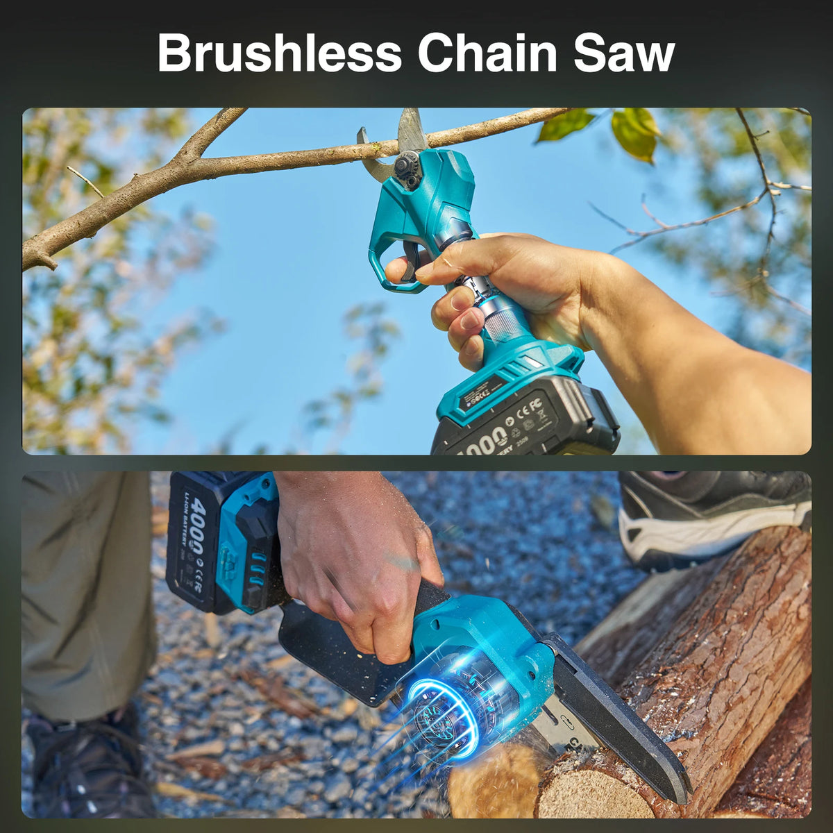 Taskstar 3-in-1 Brushless Pole Pruner & 6 Inch Cordless Chainsaw 30mm Electric Scissors Multi-Angle Adjustable Pole Saw for High Branches Pruning with 2 4.0Ah Batteries