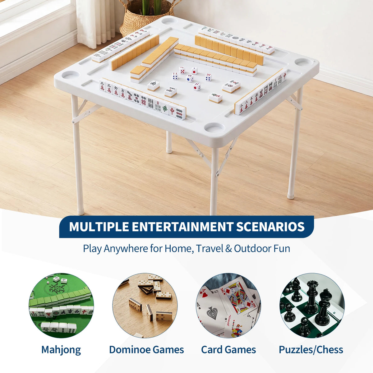 35" Folding Card Table, Portable 4-Player Domino & Mahjong Table with Cup Holders & Chip Trays, Heavy Duty Square Foldable Table for Poker, Camping and Picnic
