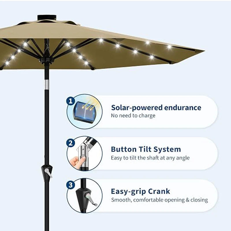 9FT Solar Patio Umbrella with 32 LED Lights – Outdoor Waterproof Market Umbrella, Crank Lift & Push Button Tilt, UV Protection Sun Shade for Patio, Garden, Deck, Pool